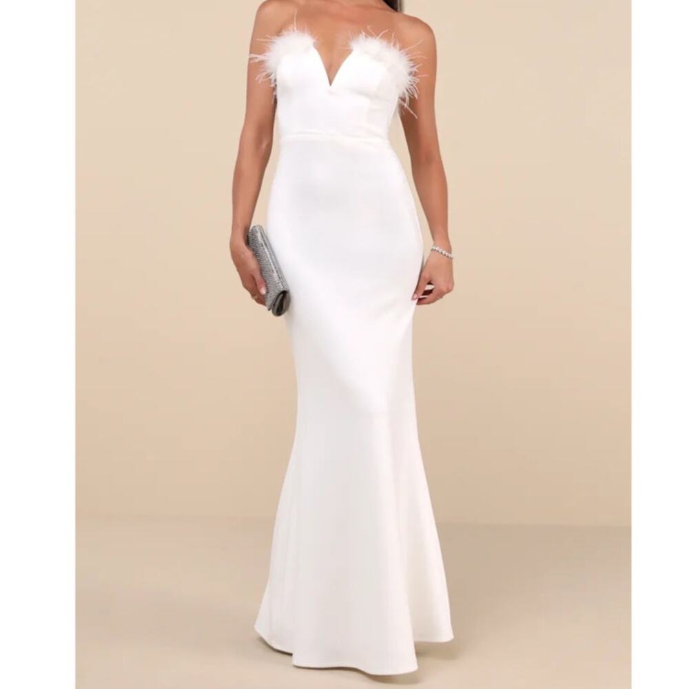 Lulus Extraordinary Glam White Feather Strapless Mermaid Maxi Dress Large NWT